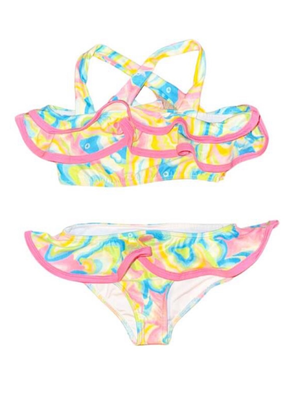 Kenny Flowers St Lucia Pastel Swirl Ruffle Pink Trim Bikini Size 3/4